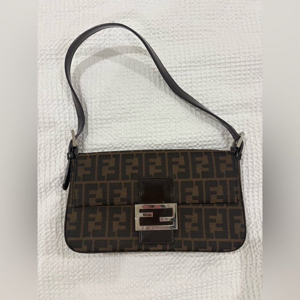 Brown & Black FF Shoulder Bag With Silver Hardware